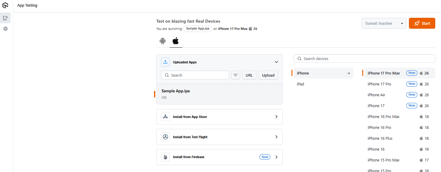 LambdaTest App Testing Real Device Console