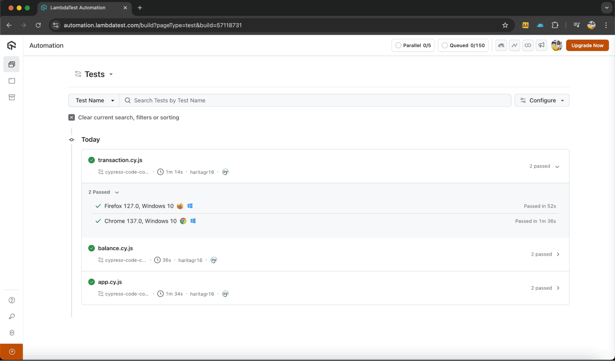 LambdaTest Cypress Parallel Test Execution Results