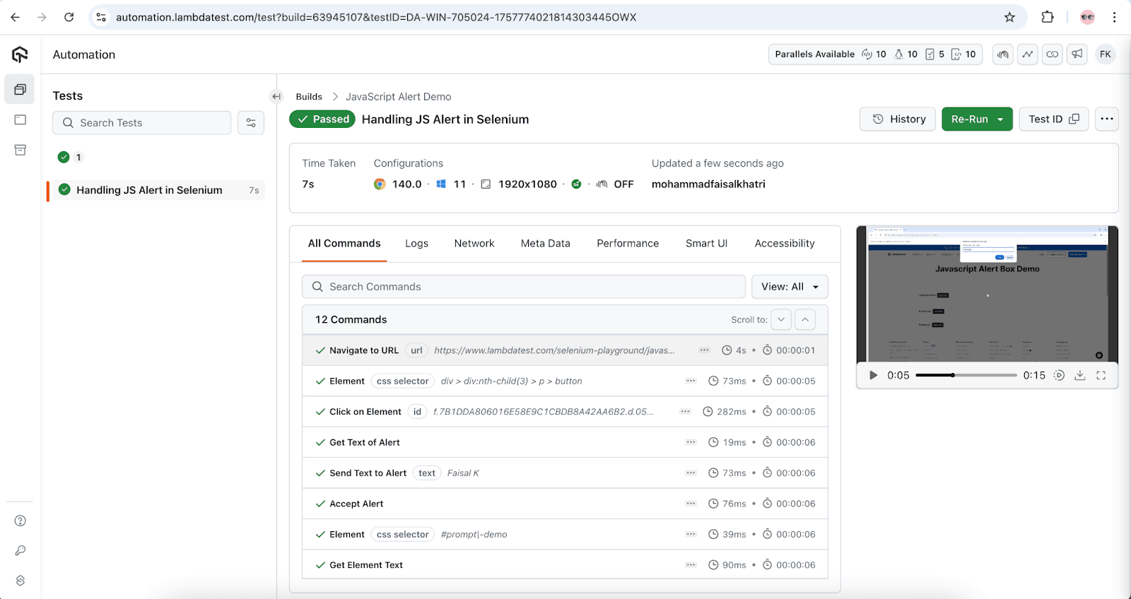 Alerts in Selenium LambdaTest Result