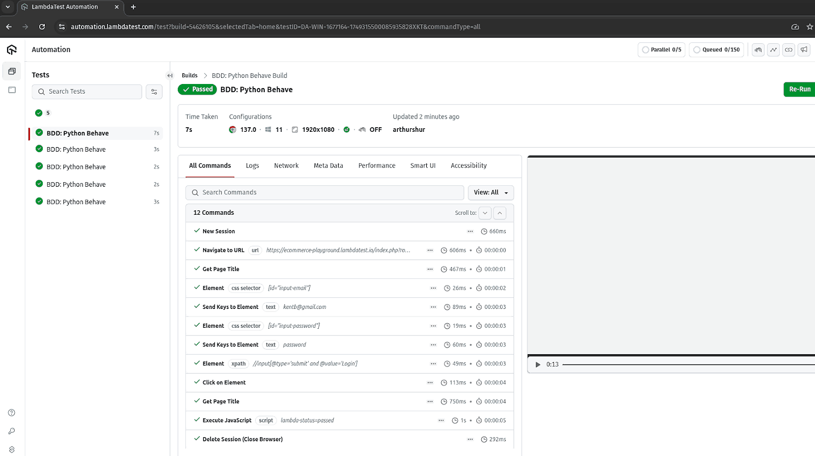 LambdaTest automation dashboard