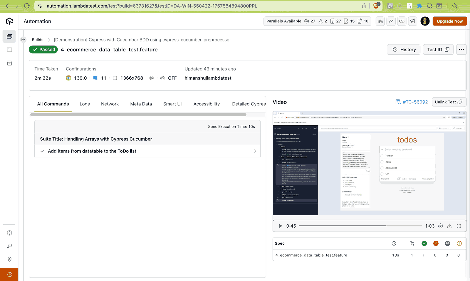 LambdaTest datatable result