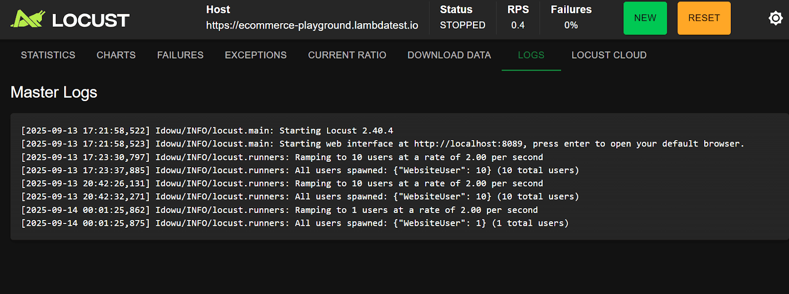 Locust LOGS tab