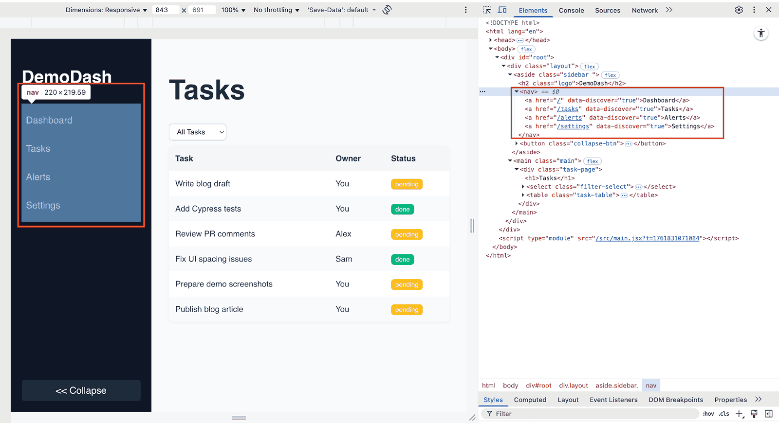 Task nav Demo Dashboard