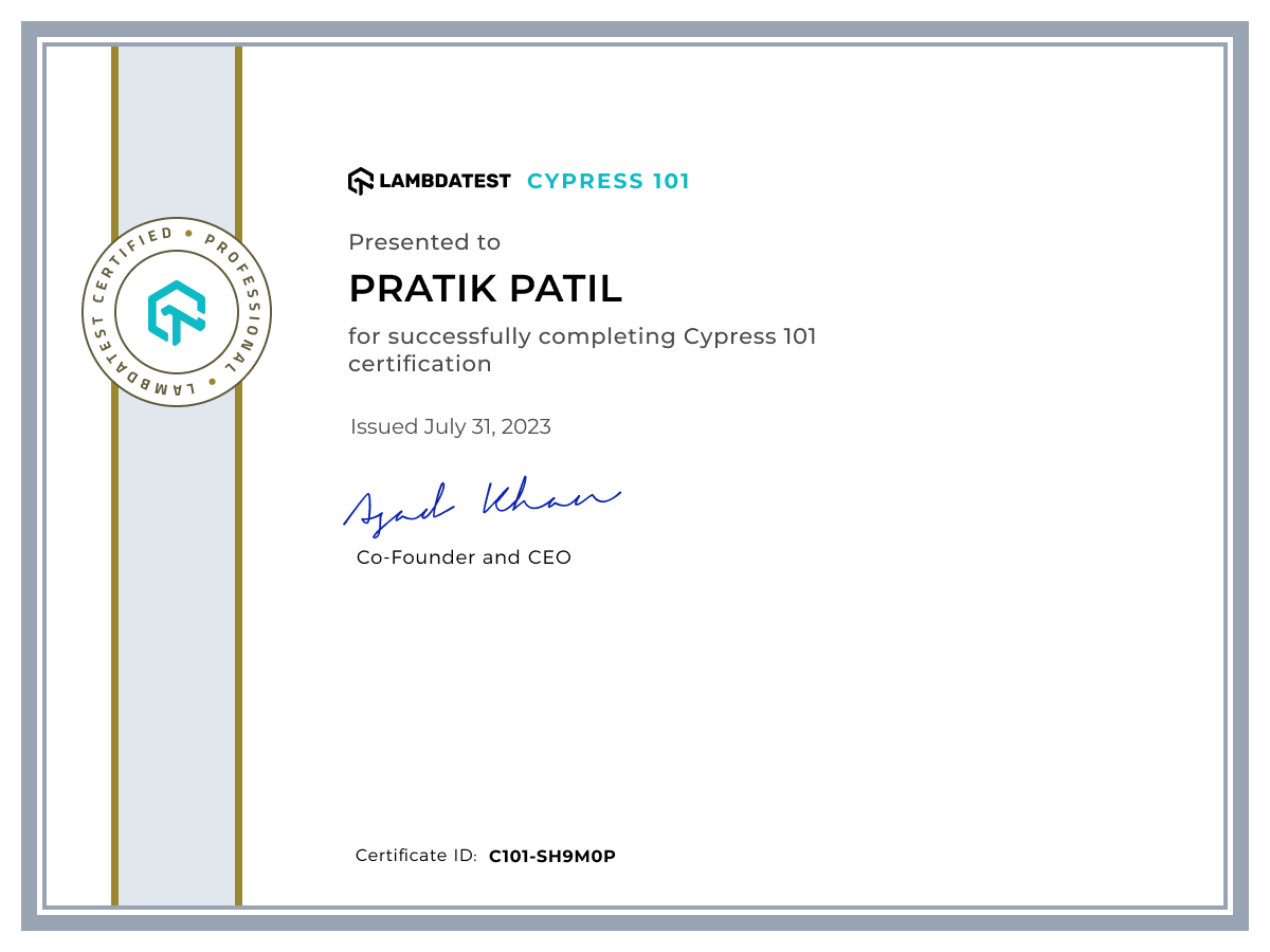 Pratik Patil's Automation Certificate: Cypress 101