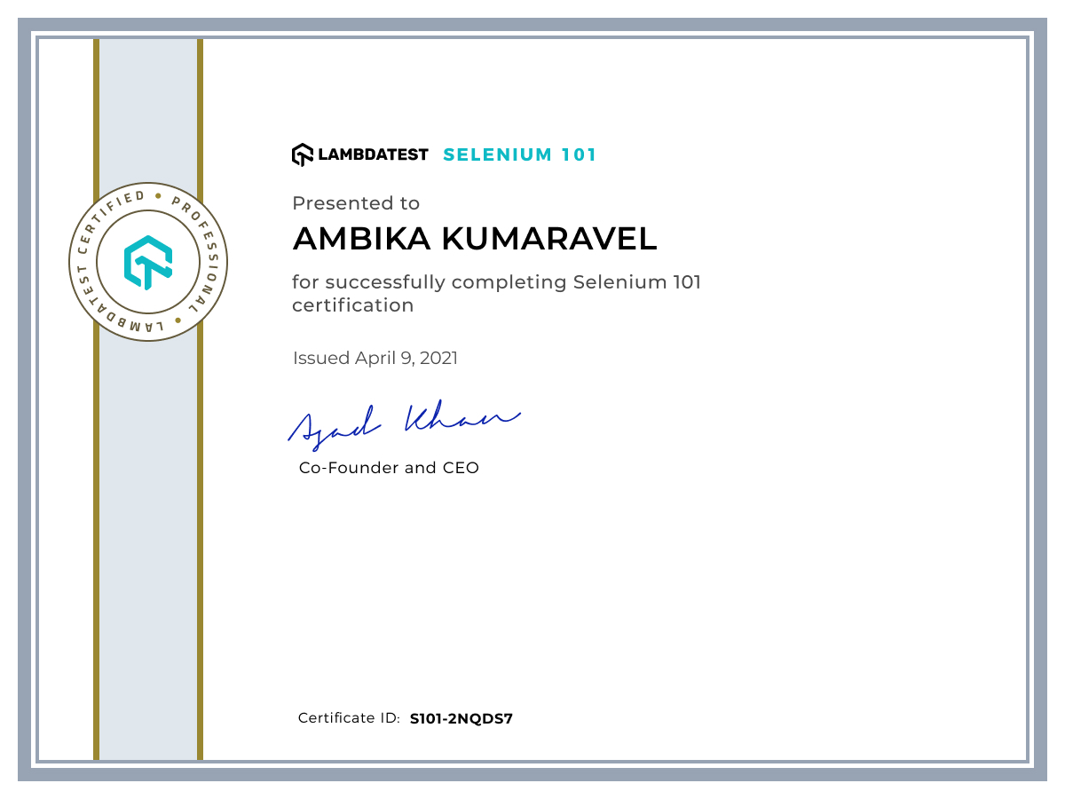 Ambika Kumaravel's Automation Certificate: Selenium 101