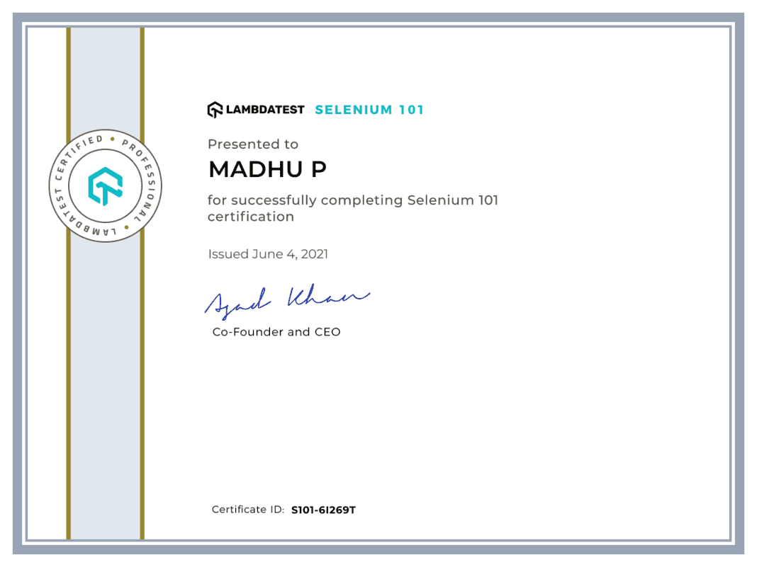 Madhu P's Automation Certificate: Selenium 101