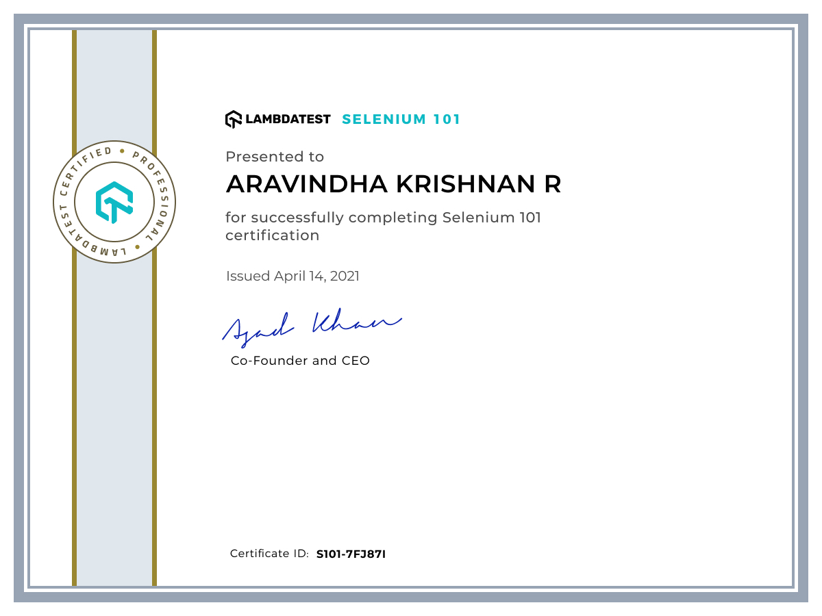 Aravindha Krishnan's Automation Certificate: Selenium 101