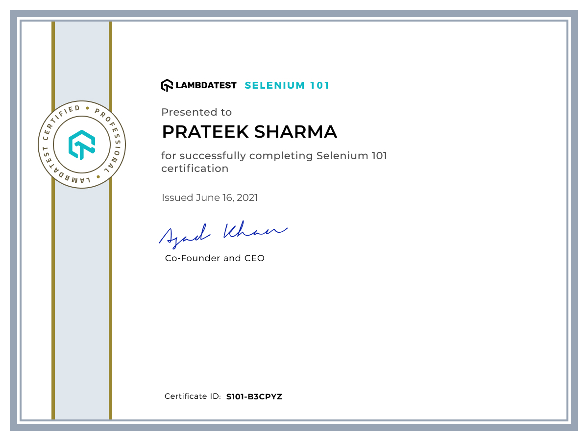 Prateek Sharma's Automation Certificate: Selenium 101