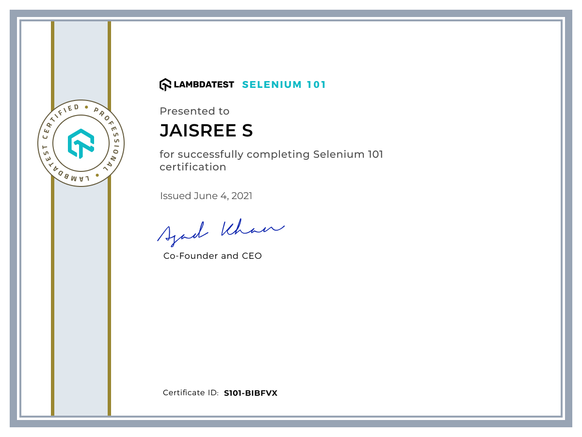 Jaisree S's Automation Certificate: Selenium 101