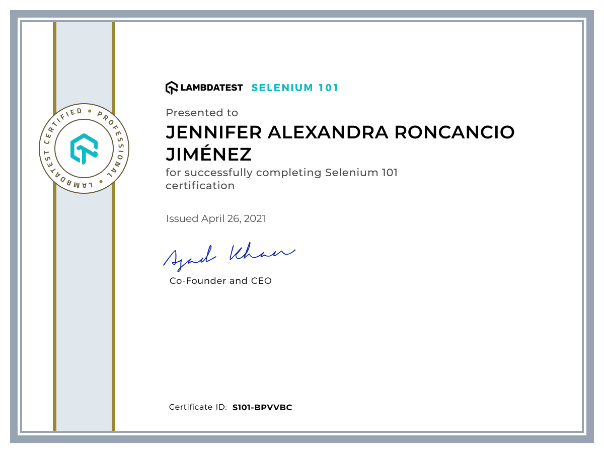 Jennifer Alexandra Roncancio Jiménez's Automation Certificate: Selenium 101
