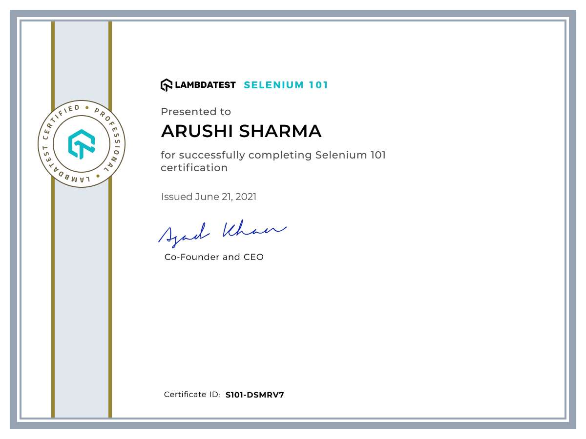 Arushi Sharma's Automation Certificate: Selenium 101