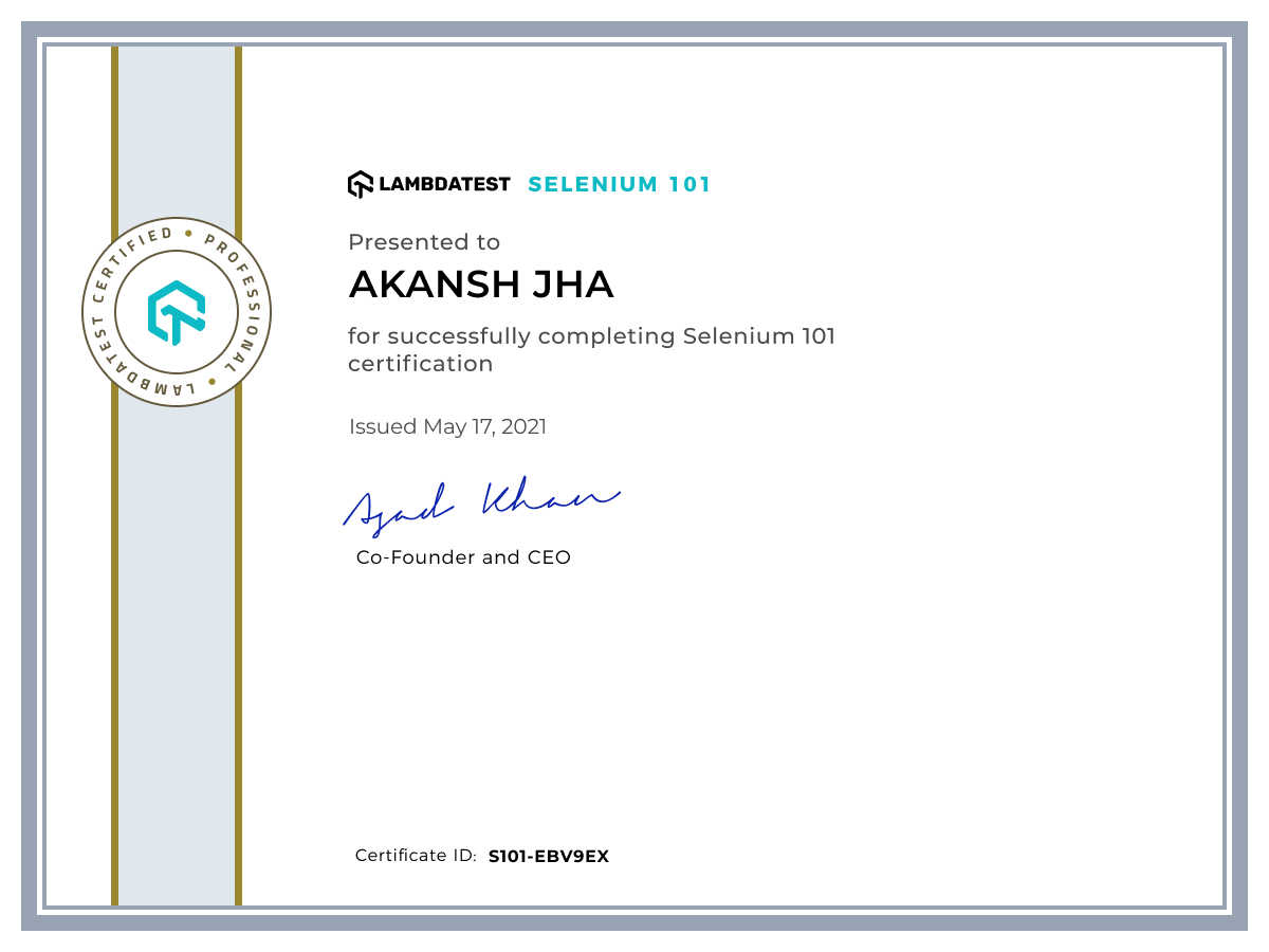 Akansh Jha's Automation Certificate: Selenium 101