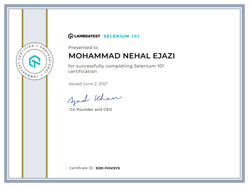 Mohammad Nehal Ejazi's Automation Certificate: Selenium 101