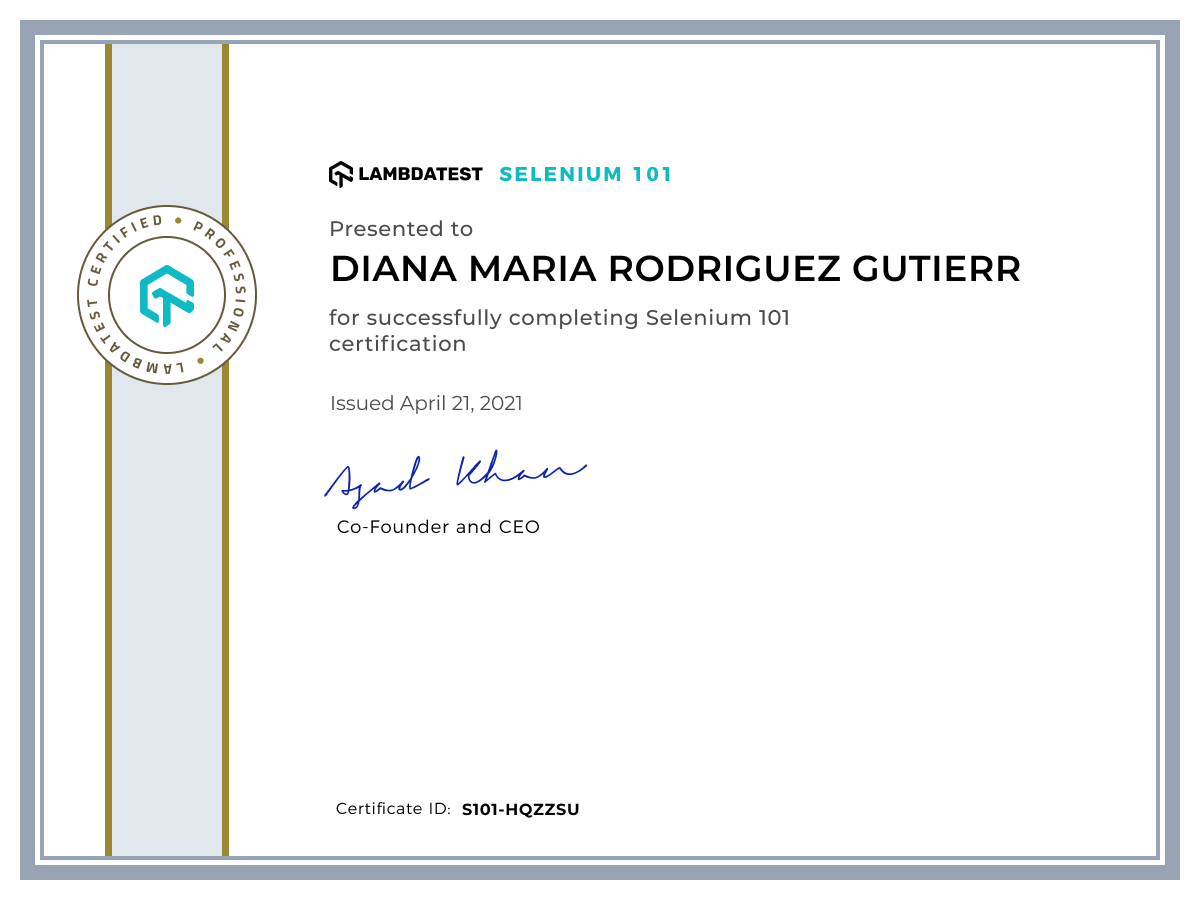 Diana Maria Rodriguez Gutierr's Automation Certificate: Selenium 101