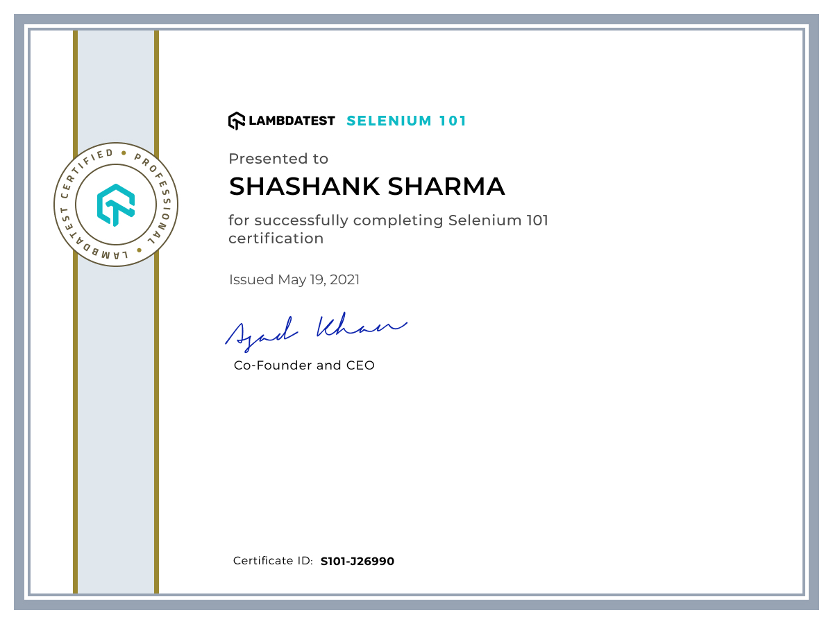 Shashank Sharma's Automation Certificate: Selenium 101