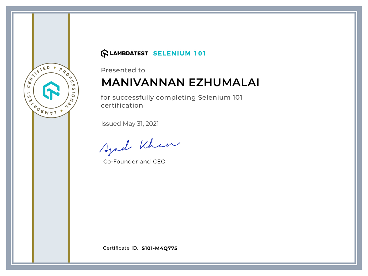 Manivannan Ezhumalai's Automation Certificate: Selenium 101