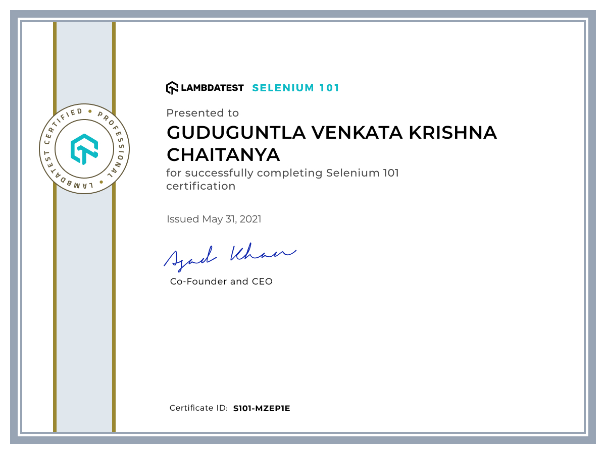 GUDUGUNTLA VENKATA KRISHNA CHAITANYA's Automation Certificate: Selenium 101