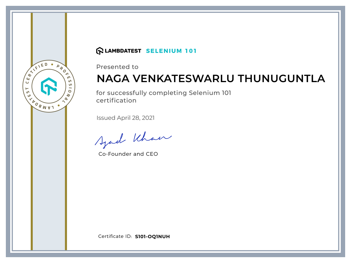 Naga Venkateswarlu Thunuguntla's Automation Certificate: Selenium 101