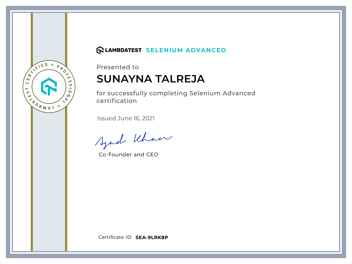 Sunayna Talreja's Automation Certificate: Selenium Advanced