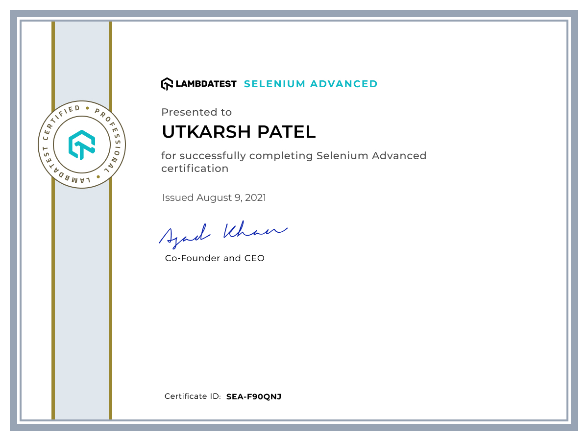 Utkarsh Patel's Automation Certificate: Selenium Advanced