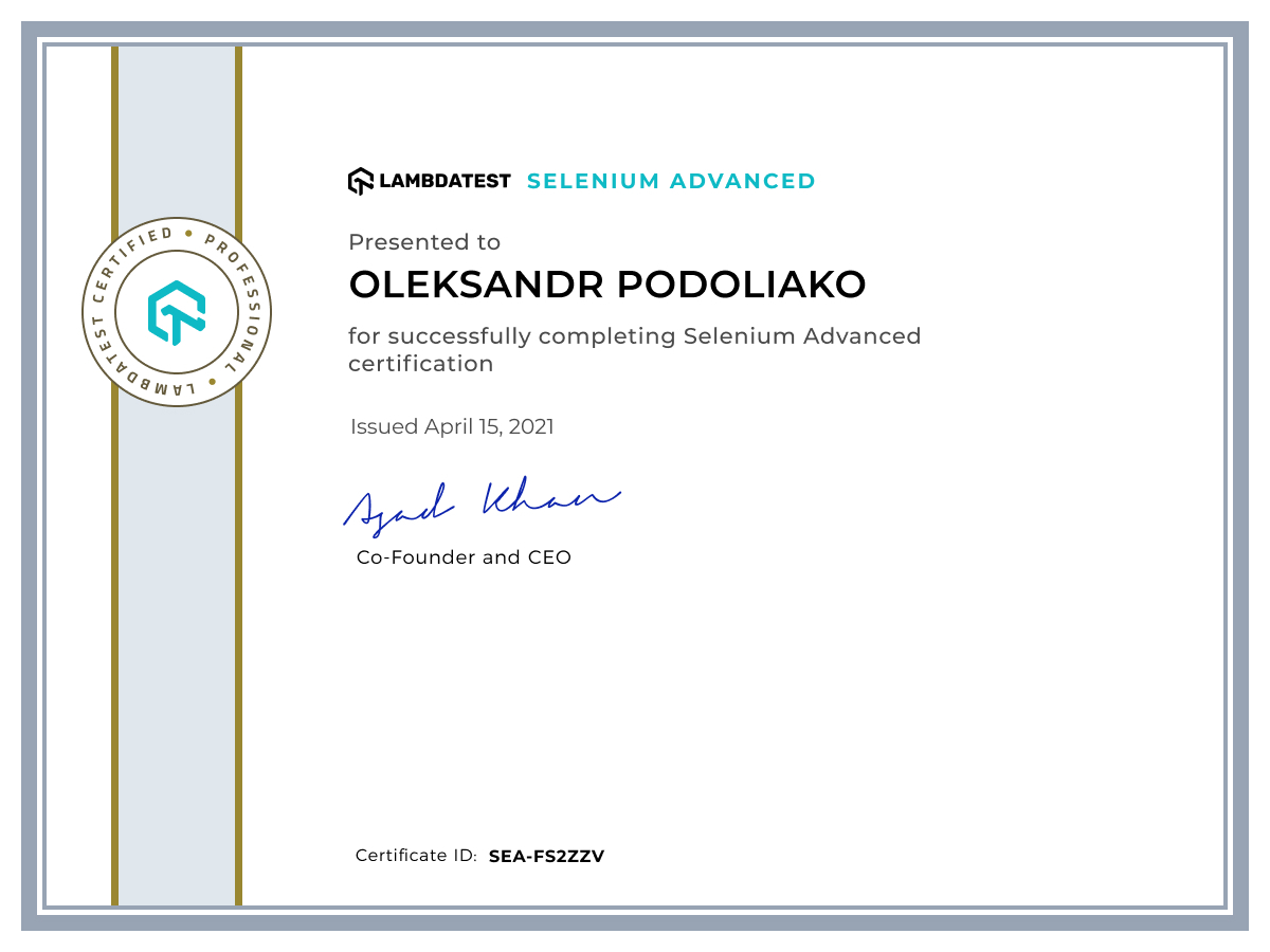 Oleksandr Podoliako's Automation Certificate: Selenium Advanced