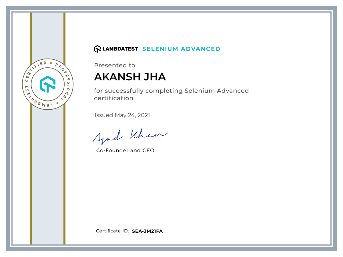 Akansh Jha's Automation Certificate: Selenium Advanced