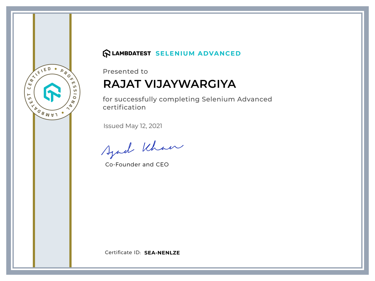 Rajat Vijaywargiya's Automation Certificate: Selenium Advanced