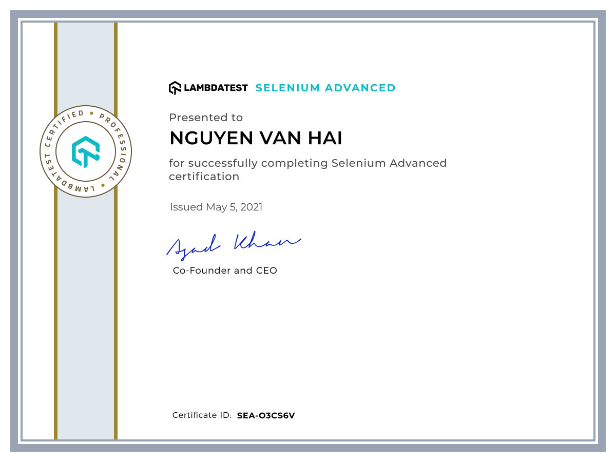 Nguyen Van Hai's Automation Certificate: Selenium Advanced