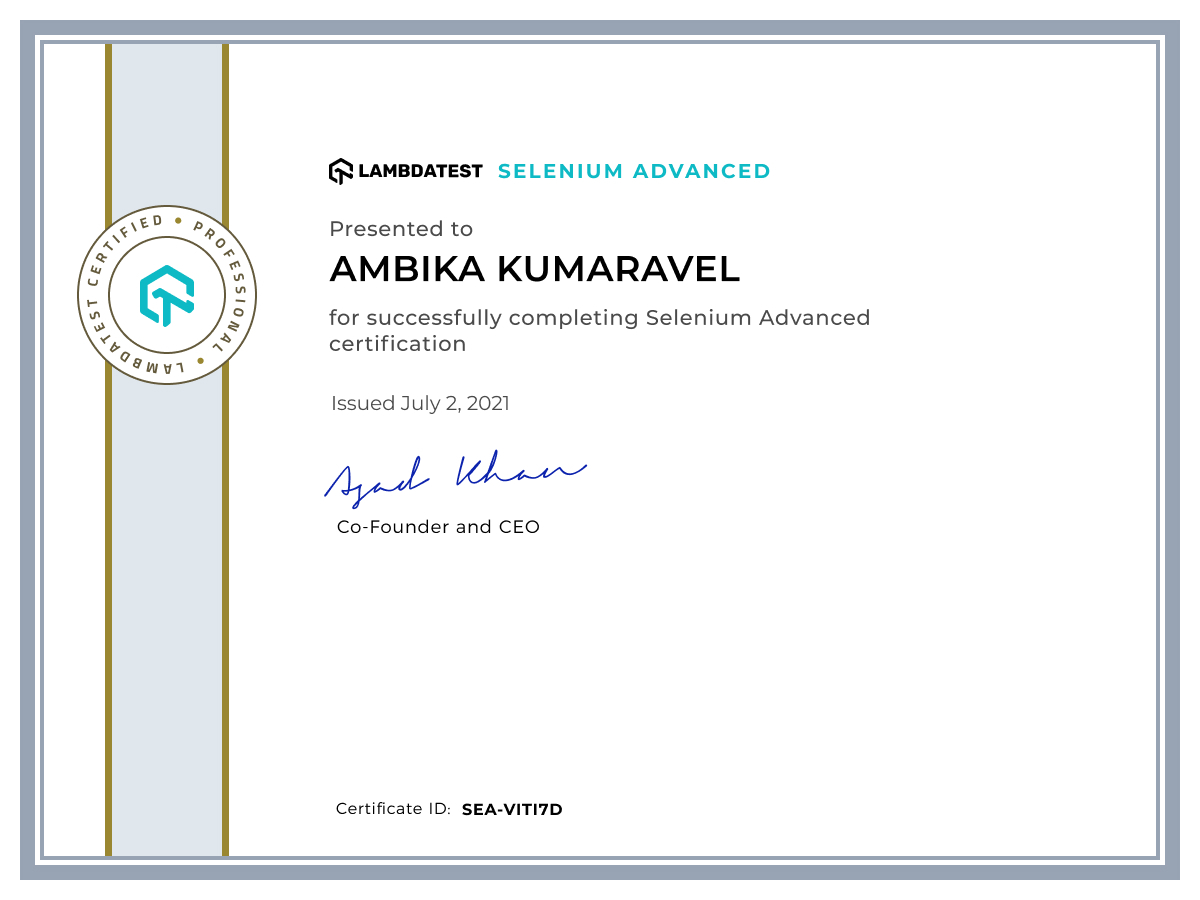 Ambika Kumaravel's Automation Certificate: Selenium Advanced