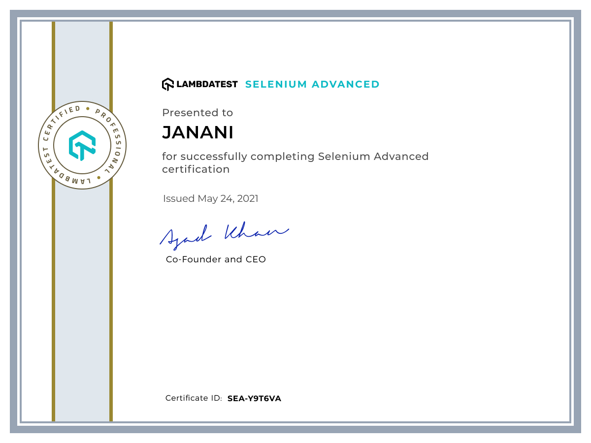 Janani's Automation Certificate: Selenium Advanced
