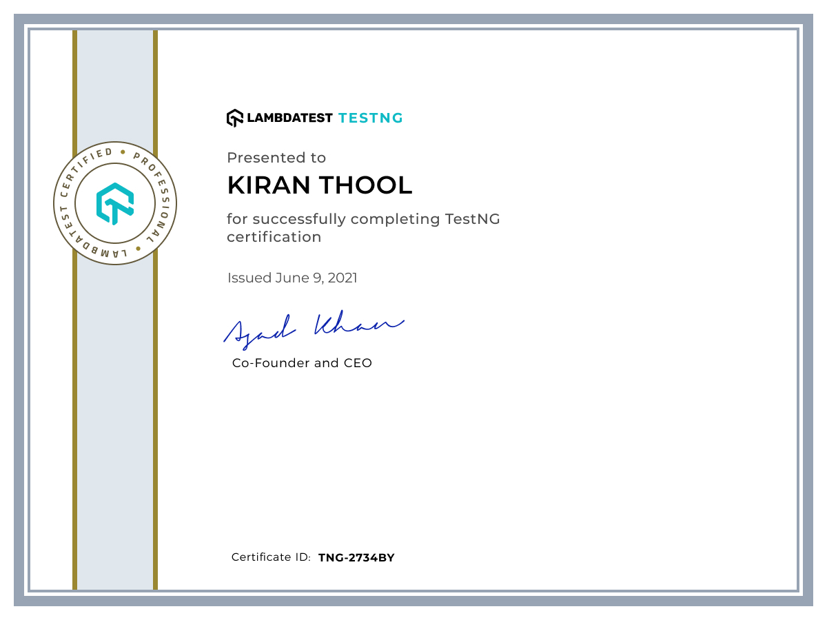Kiran Thool's Automation Certificate: TestNG