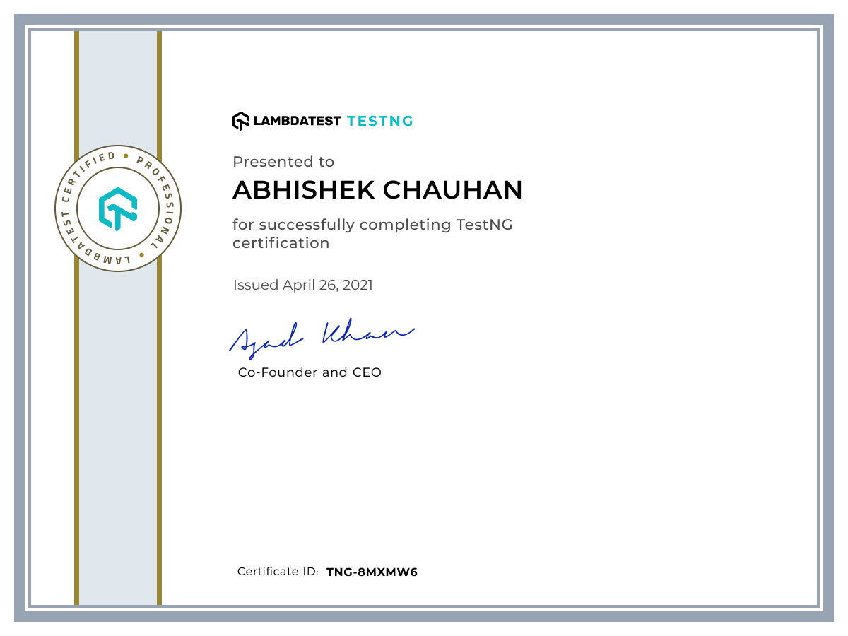 Abhishek Chauhan's Automation Certificate: TestNG