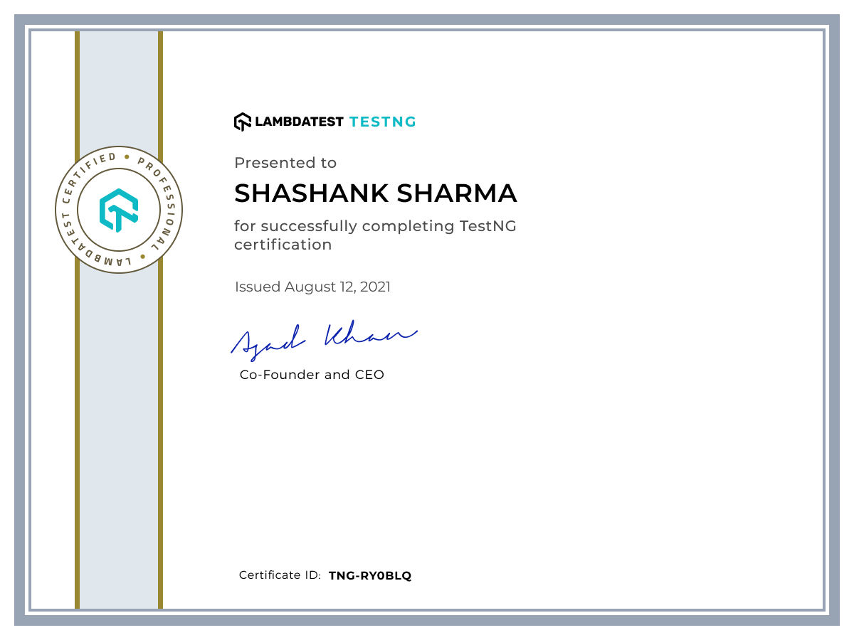 Shashank Sharma's Automation Certificate: TestNG