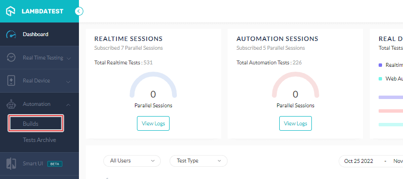 build page for automation testing dashboard