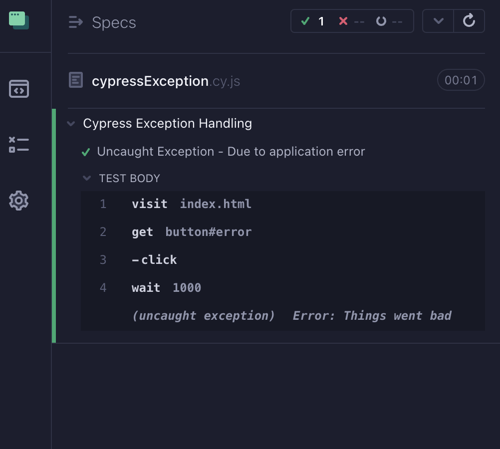 cypress exception handling page