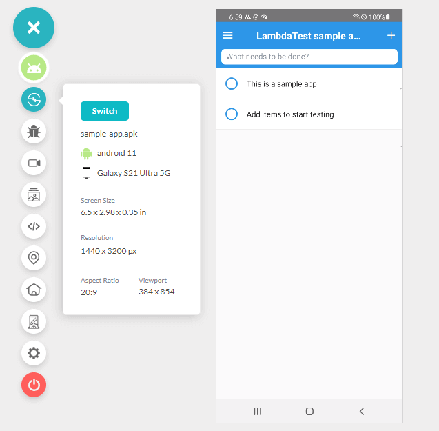 LambdaTest sample app testing in real device