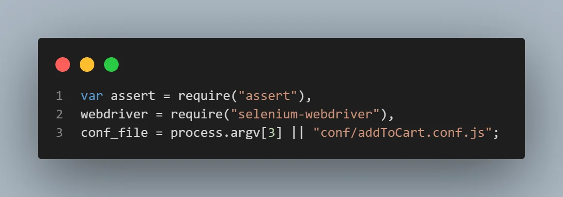 assert module for assertions and selenium-webdriver module are imported