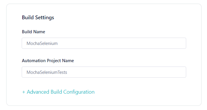 Build Settings section and fill out the input fields as shown