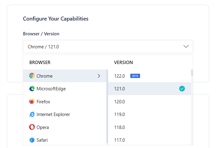 Configure Your Capabilities by selecting a browser and browser version