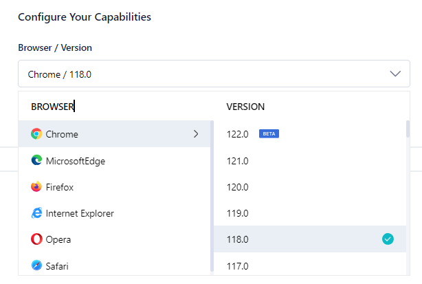 Configure your capabilities by selecting a browser and browser version