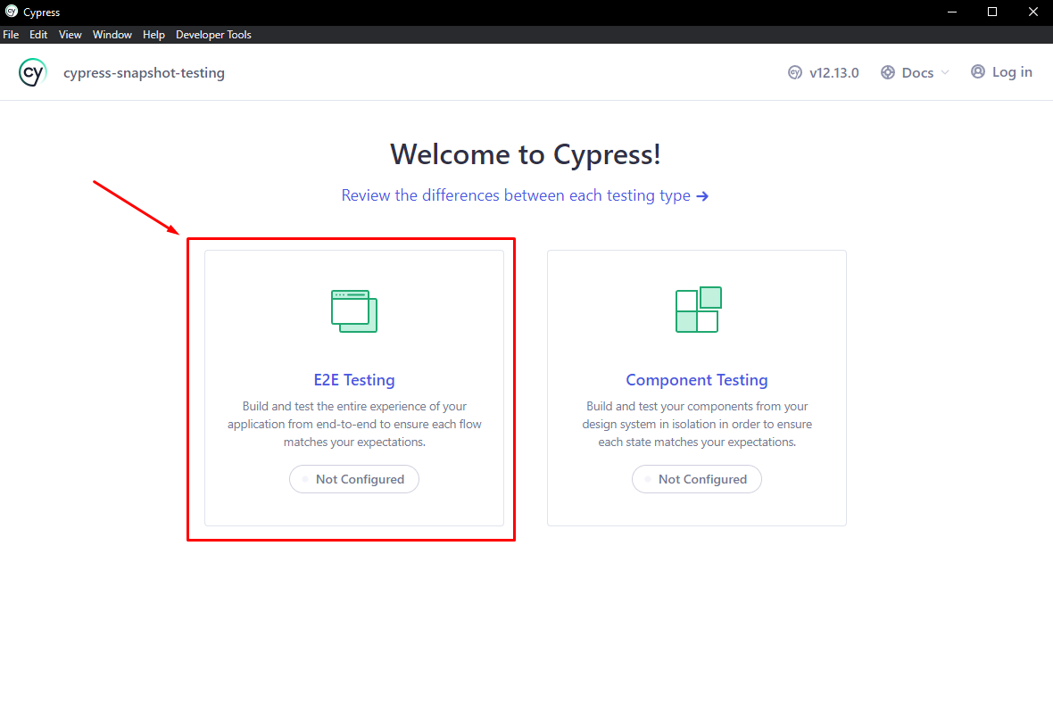 cypress window opens up select e2e testing
