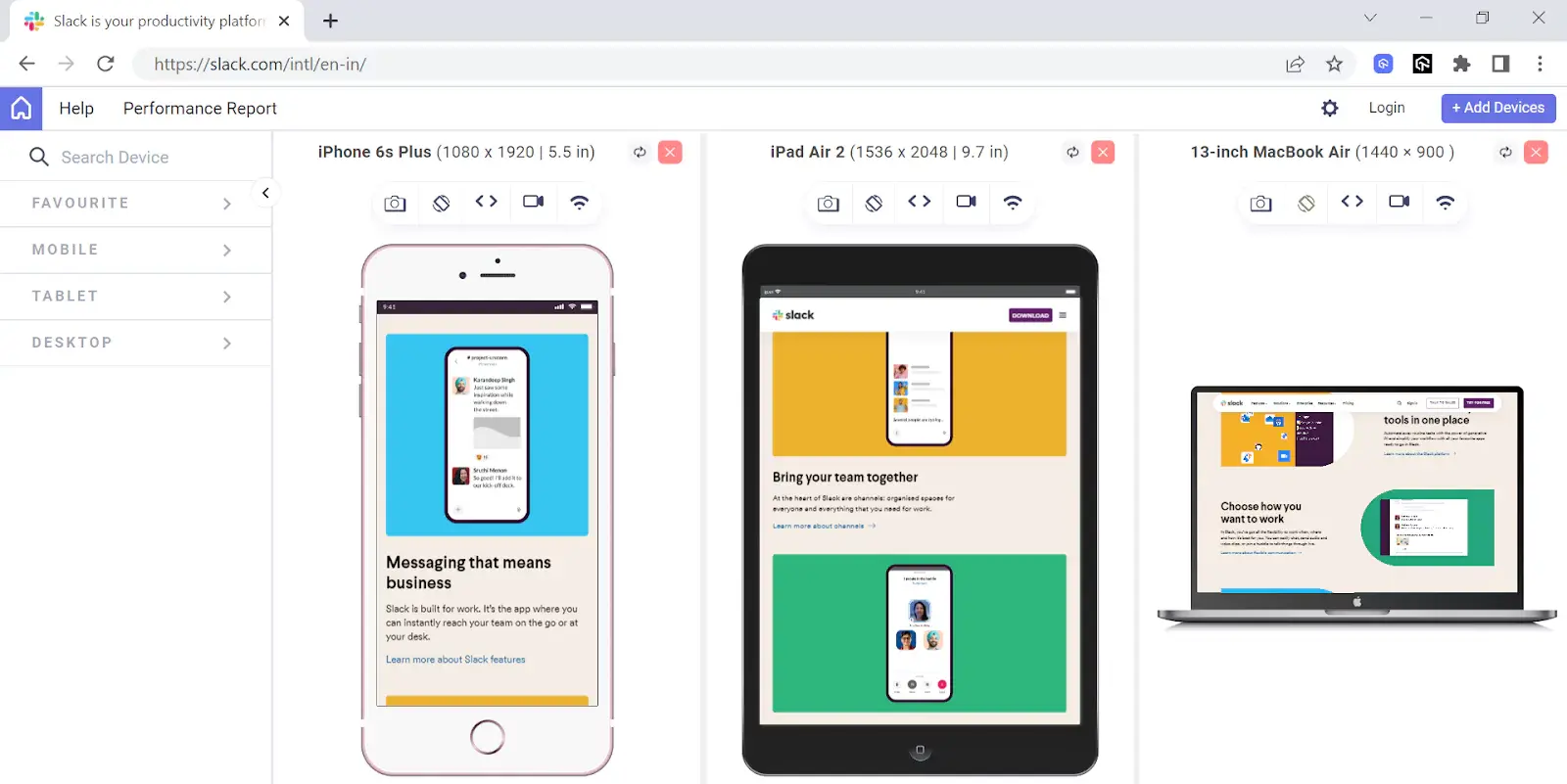 different versions of Slack website on mobile, tablet, and laptop