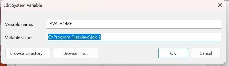 JAVA_HOME and the Variable value as the location of your /bin file