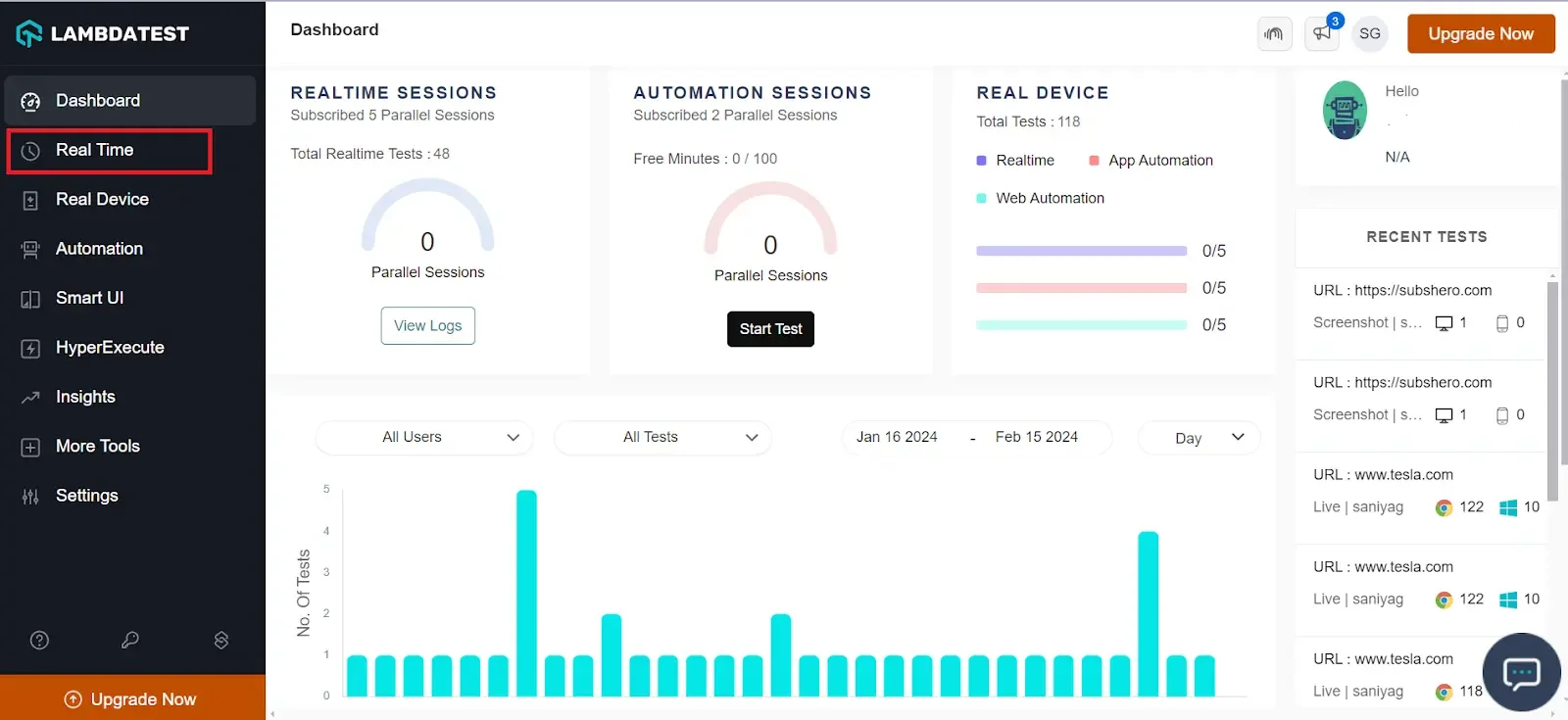 LambdaTest platform dashboard screenshot showing Real Time option selected