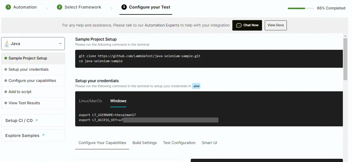 On-screen instructions for completing test setup and configuration