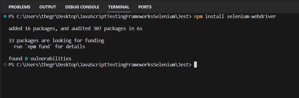 terminal line should look as shown below once the Selenium WebDriver is installed
