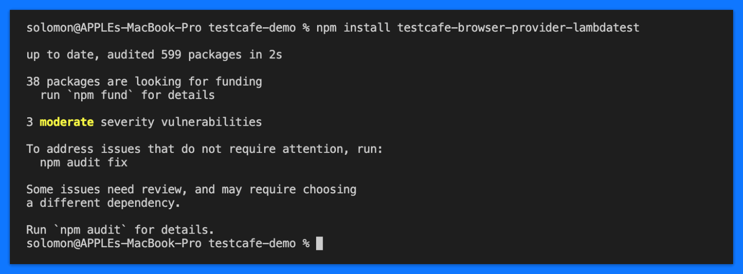 TestCafe Tutorial npm install --save-dev testcafe-browser-provider-lambdatest