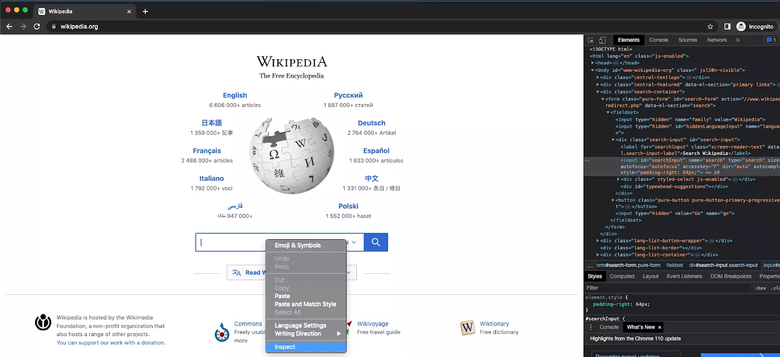 Wikipedia home page inspect