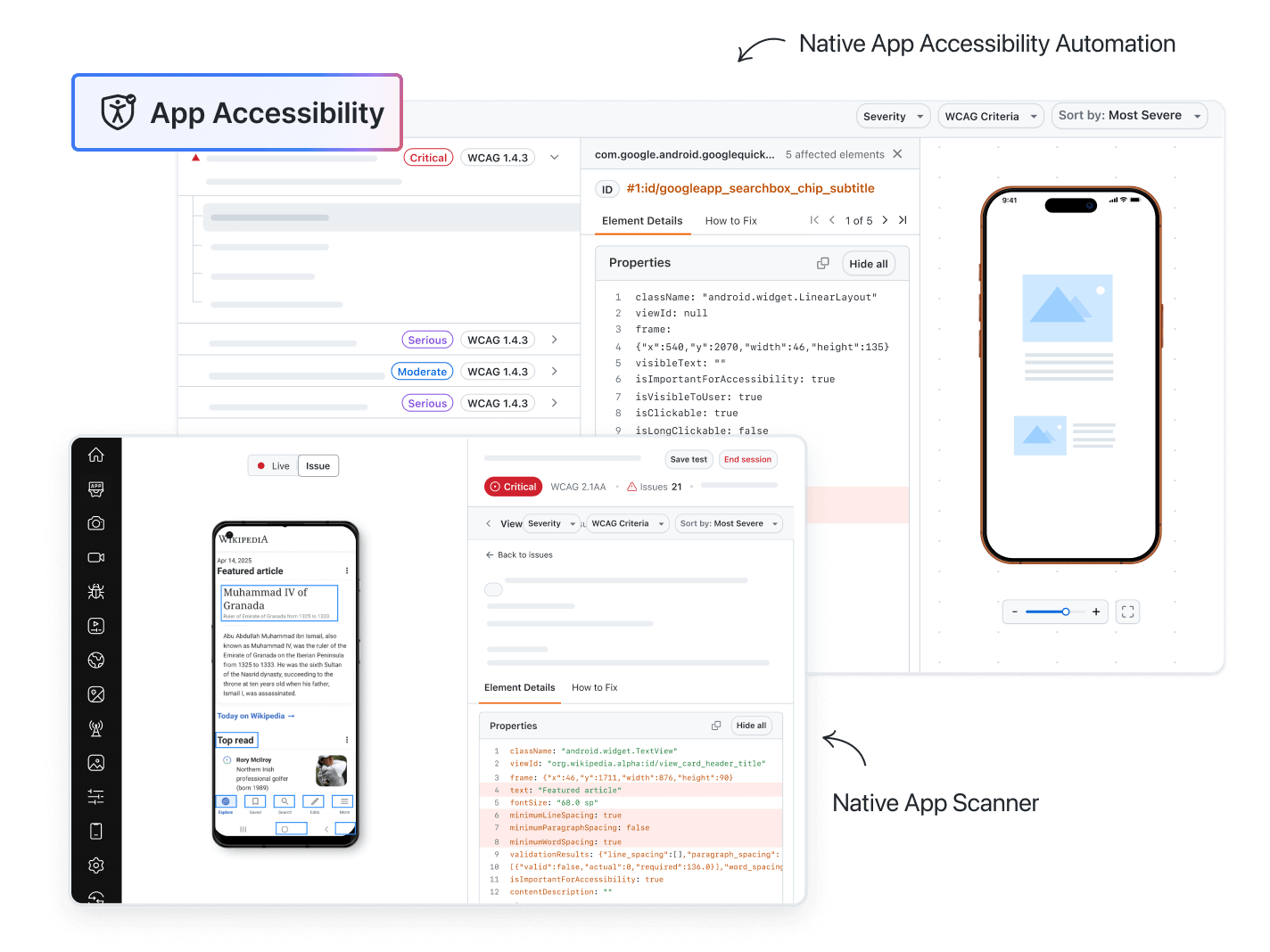 Ensure every user can navigate your mobile app. Achieve WCAG, ADA, and Section 508 compliance using manual and automated testing methods.