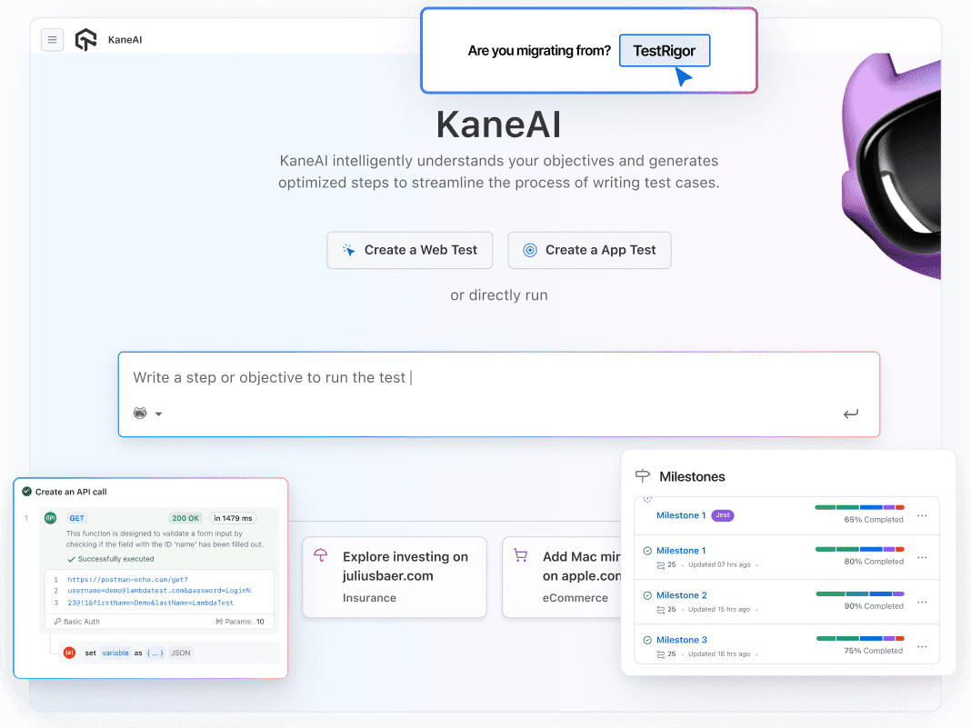 Switch to an AI-native E2E testing agent with fast, scalable and secure test orchestration, real-time insights and effortless test creation, a reliable alternative to TestRigor.